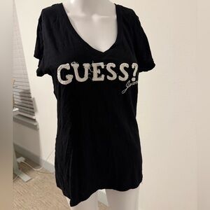 GUESS Black V-Neck Tee with White Logo